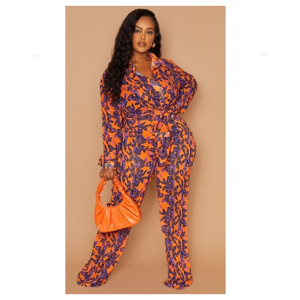 PrettyLittleThing NWT Plus Orange Print Beach Flares Size 24 Semi Sheer